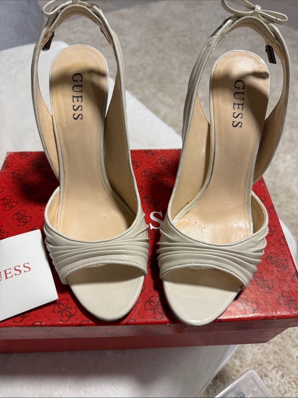 GUESS Cream Open-Toe Ruched Slingback Heels